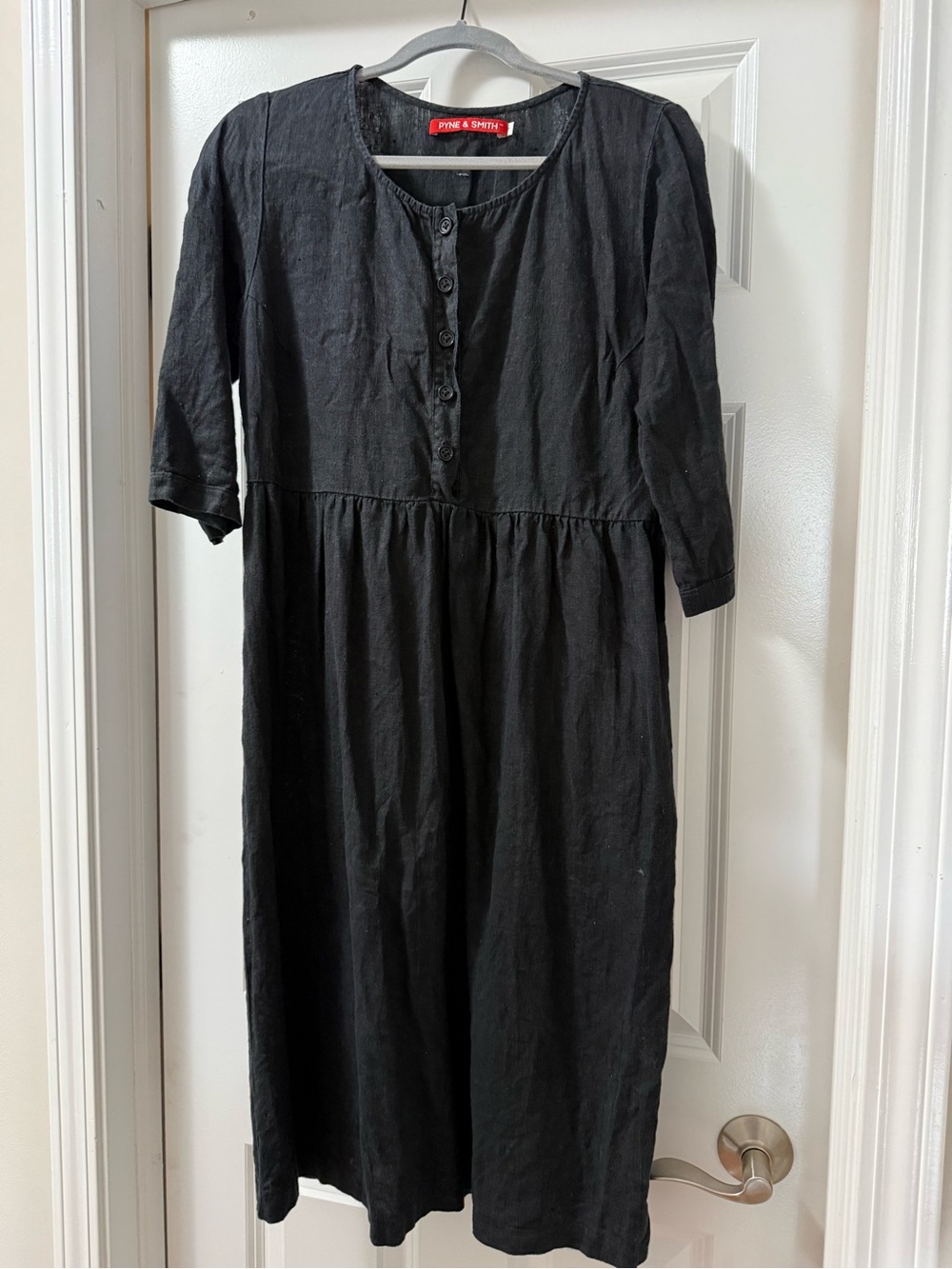 Pyne & Smith No 12 Black Linen Midi Dress 3/4 Sleeve Size Medium